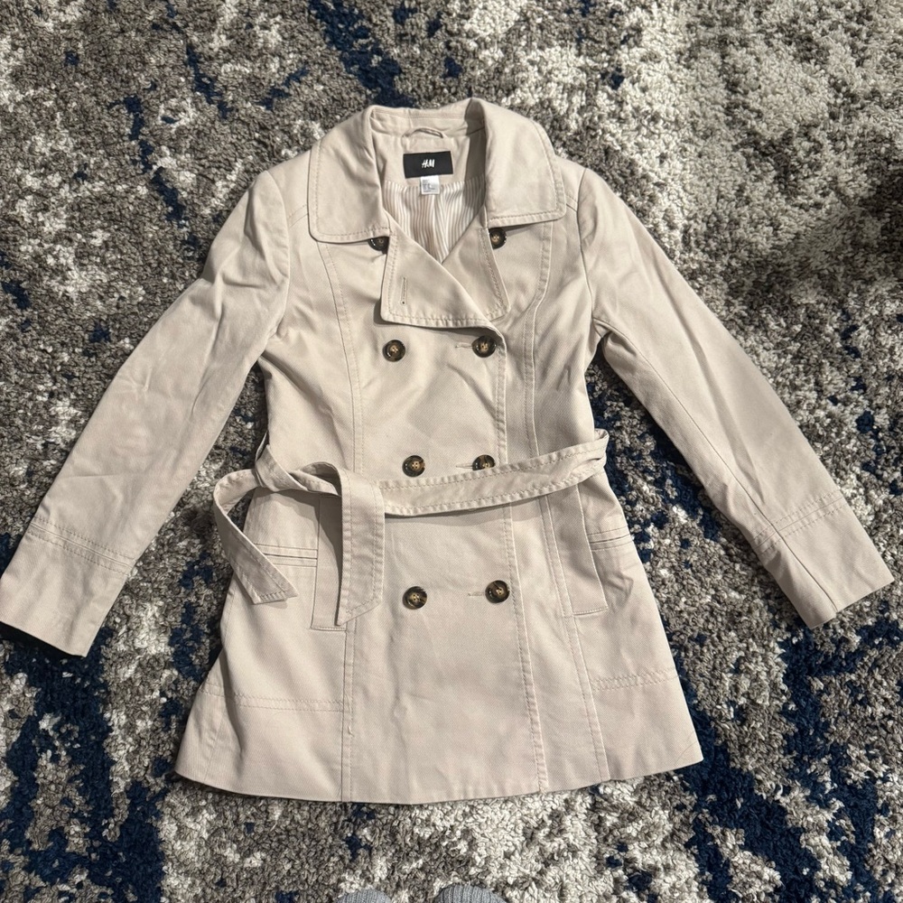 H&M Trench Coat Size 10 Women Cream Ivory Double Breasted Pockets